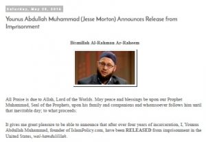 Younus Abdullah Muhammad aka Jesse Morton Announces His Release from Prison on Terrorism Charges on his Islam Policy Website (screenshot)